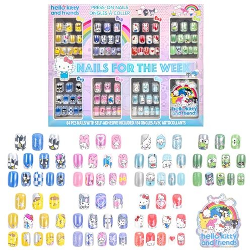 Hello Kitty and Friends 84 Pcs Glitter-Glamup & Metallic Press-On Nails Set for Kids, Girls, Tweens Ages 6+ by Townley Girl - görsel 1