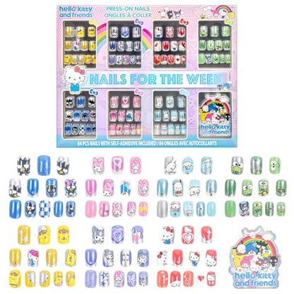 Hello Kitty and Friends 84 Pcs Glitter-Glamup & Metallic Press-On Nails Set for Kids, Girls, Tweens Ages 6+ by Townley Girl