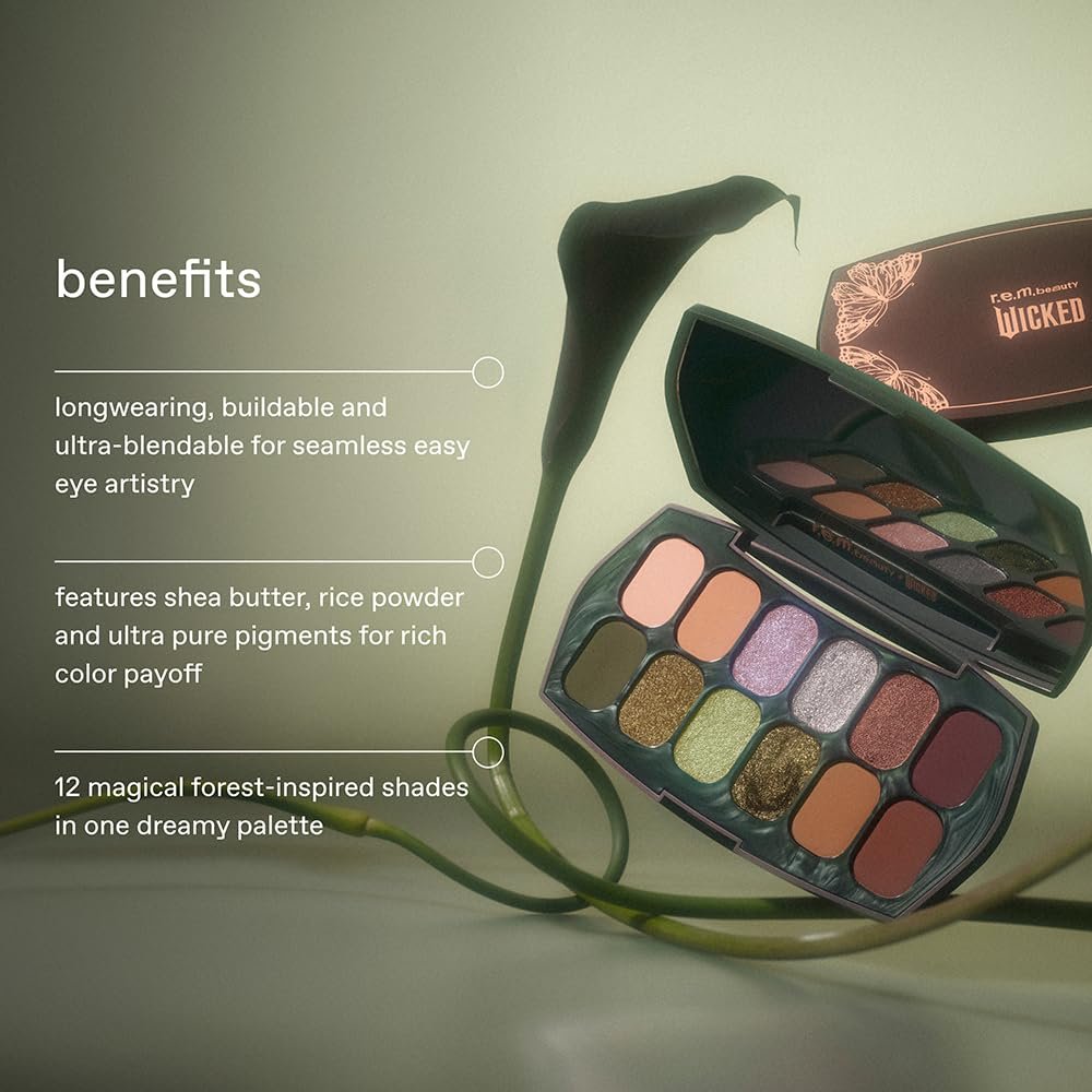 r.e.m. beauty by Ariana Grande Wicked: For Good | Ozian Forest Eyeshadow Palette | 12 Highly Pigmented Shades | Matte, Duo-Chrome, Shimmer & Glitter Avelisse