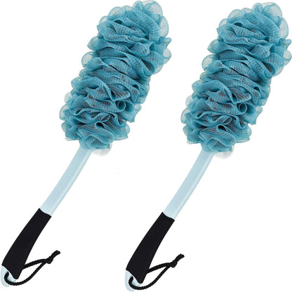 2 Pack Back Scrubber for Shower - Anti-Slip Long Handle Bath Body Brush, Loofah with Handle, Soft Mesh Sponge for Women, Men, Elderly (Blue)