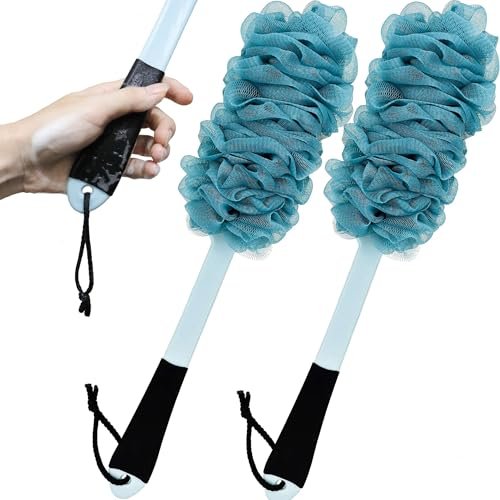 2 Pack Back Scrubber for Shower - Anti-Slip Long Handle Bath Body Brush, Loofah with Handle, Soft Mesh Sponge for Women, Men, Elderly (Blue) - görsel 2