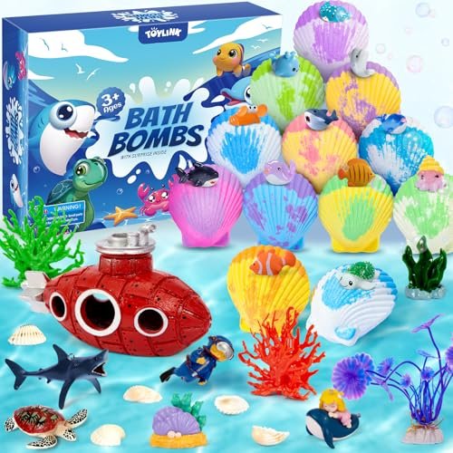 Toylink Ocean Bath Bombs for Kids with Toys Inside - 12 Pack Shell Bath Bombs with Surprise Sea Animal Toys - Handmade Bubble Bath Fizzies for Boys Girls - Birthday Christmas Gift Set Avelisse