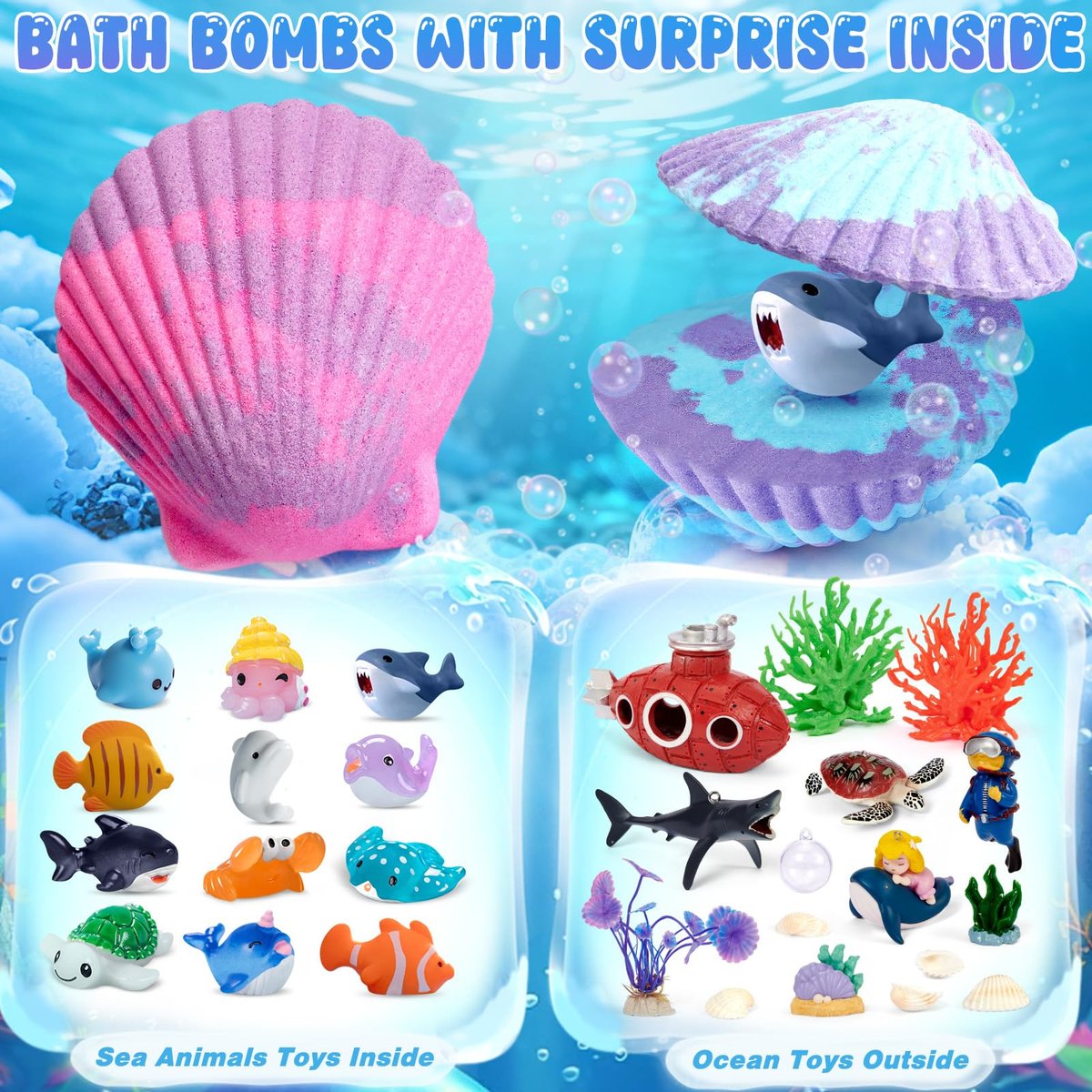 Toylink Ocean Bath Bombs for Kids with Toys Inside - 12 Pack Shell Bath Bombs with Surprise Sea Animal Toys - Handmade Bubble Bath Fizzies for Boys Girls - Birthday Christmas Gift Set Avelisse