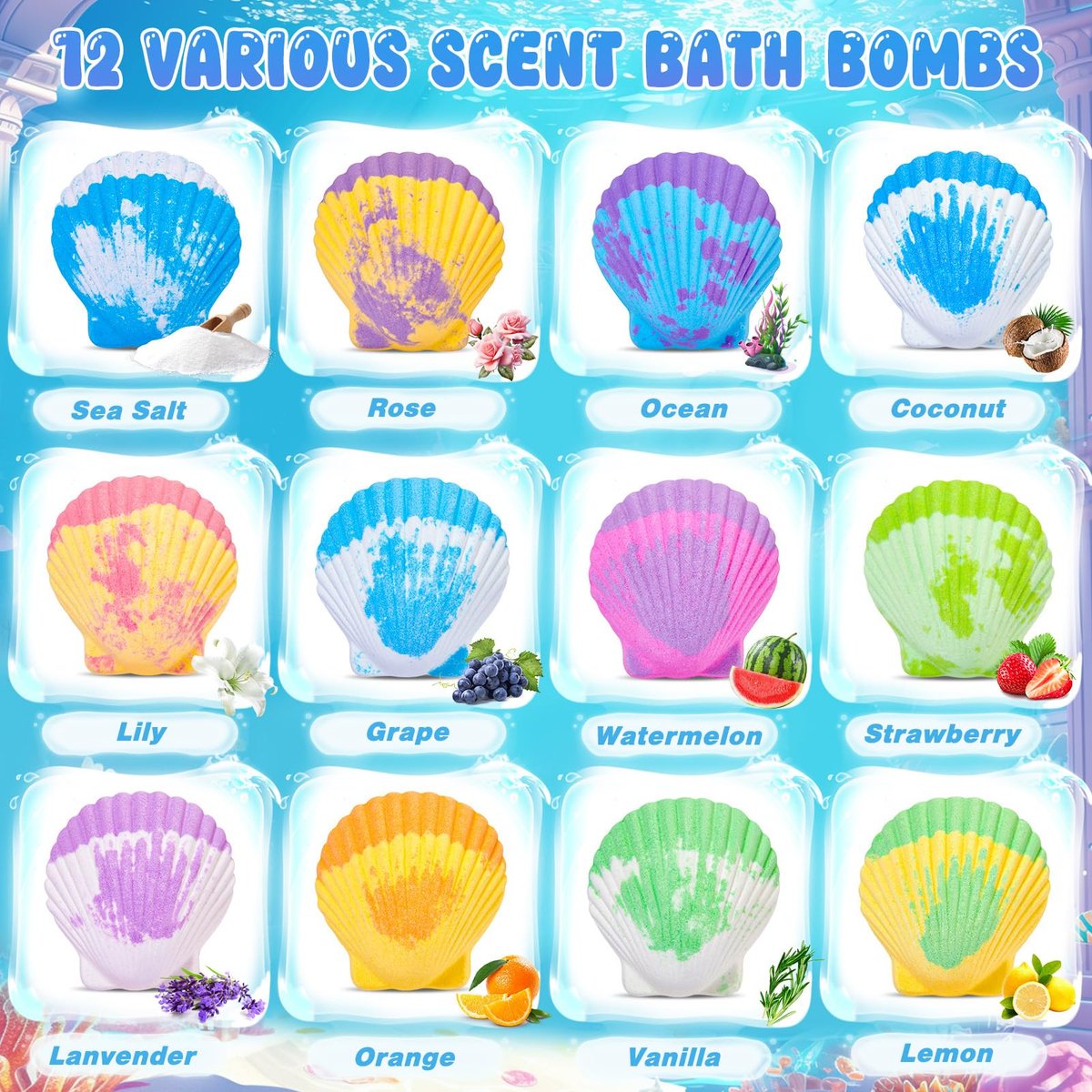 Toylink Ocean Bath Bombs for Kids with Toys Inside - 12 Pack Shell Bath Bombs with Surprise Sea Animal Toys - Handmade Bubble Bath Fizzies for Boys Girls - Birthday Christmas Gift Set Avelisse