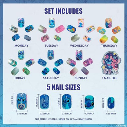 Disney Stitch 84 Pcs Glitter Glamup Metallic Press-On Nails Set for Kids, Girls, Tweens Ages 6+ by Townley Girl