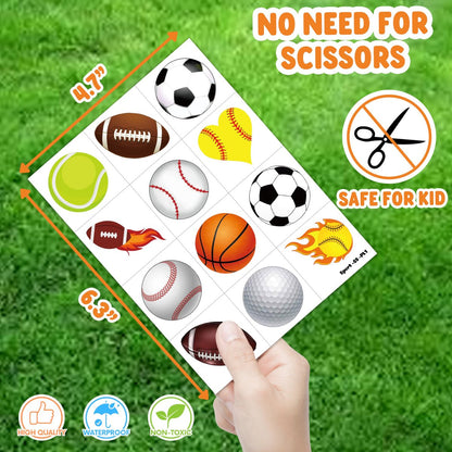 60 PCS Sports Ball Pre-Cut Temporary Tattoos – Themed Birthday Party Decorations, Favors & Supplies for Basketball, Football, Baseball, Soccer – Tattoo Stickers Gifts for Boys & Girls, Class Prizes, Carnival