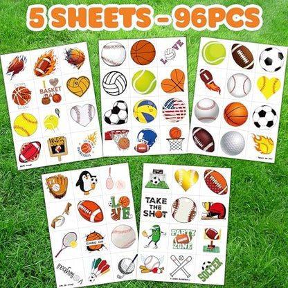 60 PCS Sports Ball Pre-Cut Temporary Tattoos – Themed Birthday Party Decorations, Favors & Supplies for Basketball, Football, Baseball, Soccer – Tattoo Stickers Gifts for Boys & Girls, Class Prizes, Carnival