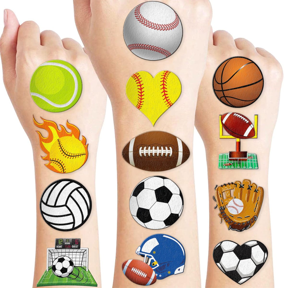 60 PCS Sports Ball Pre-Cut Temporary Tattoos – Themed Birthday Party Decorations, Favors & Supplies for Basketball, Football, Baseball, Soccer – Tattoo Stickers Gifts for Boys & Girls, Class Prizes, Carnival - görsel 1