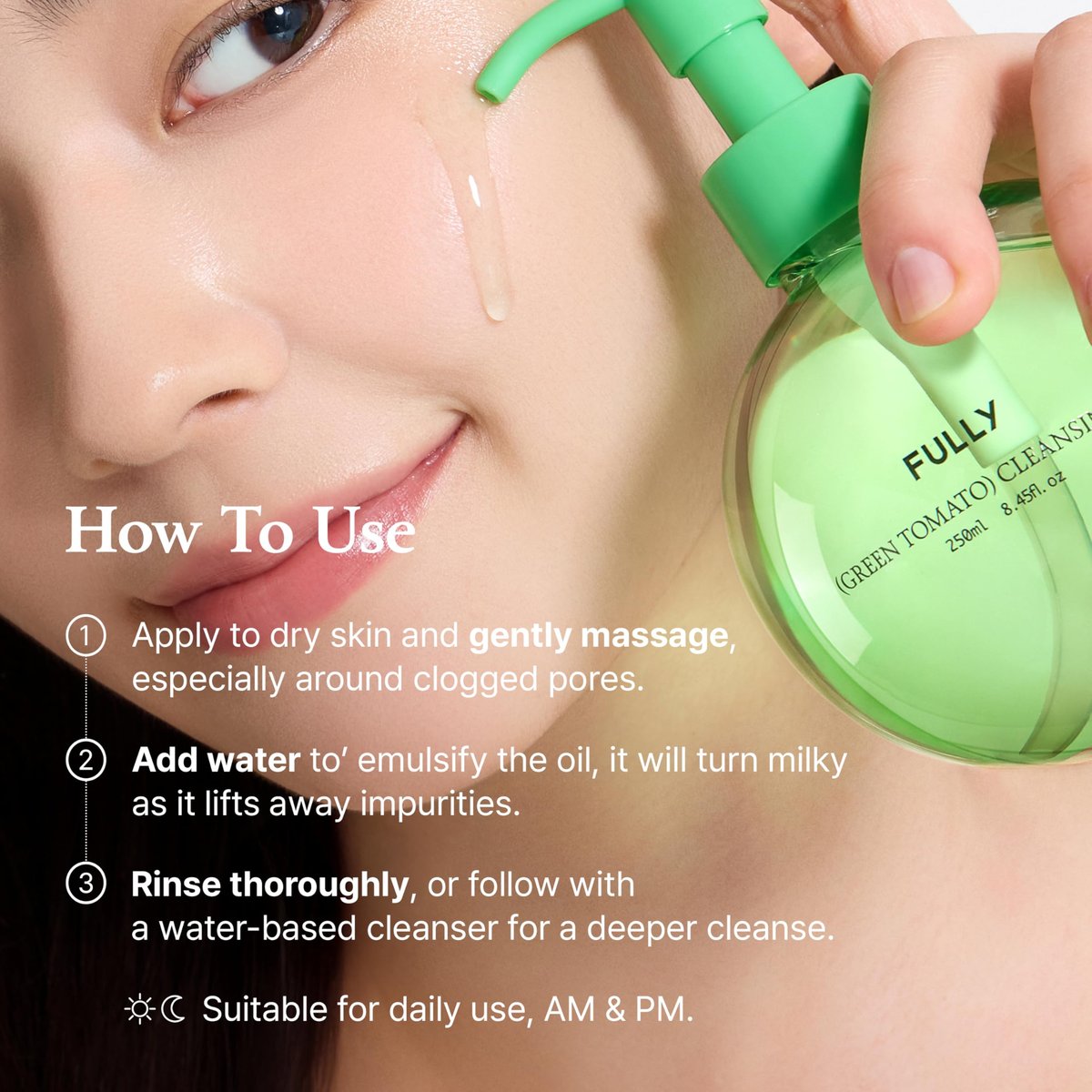 FULLY Green Tomato Pore Cleansing Oil – Daily Oil Cleanser with BHA & Green Tomato for Makeup Removal, Sebum Control, Blackhead Removal – Vegan Korean Skincare, 8.45 fl.oz - görsel 11