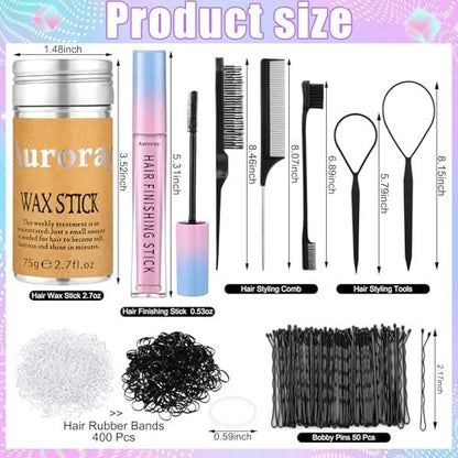 7-Piece Hair Finishing Stick Set with Slick Back Brush, Fly Away Stick, Bobby Pins & Elastic Bands