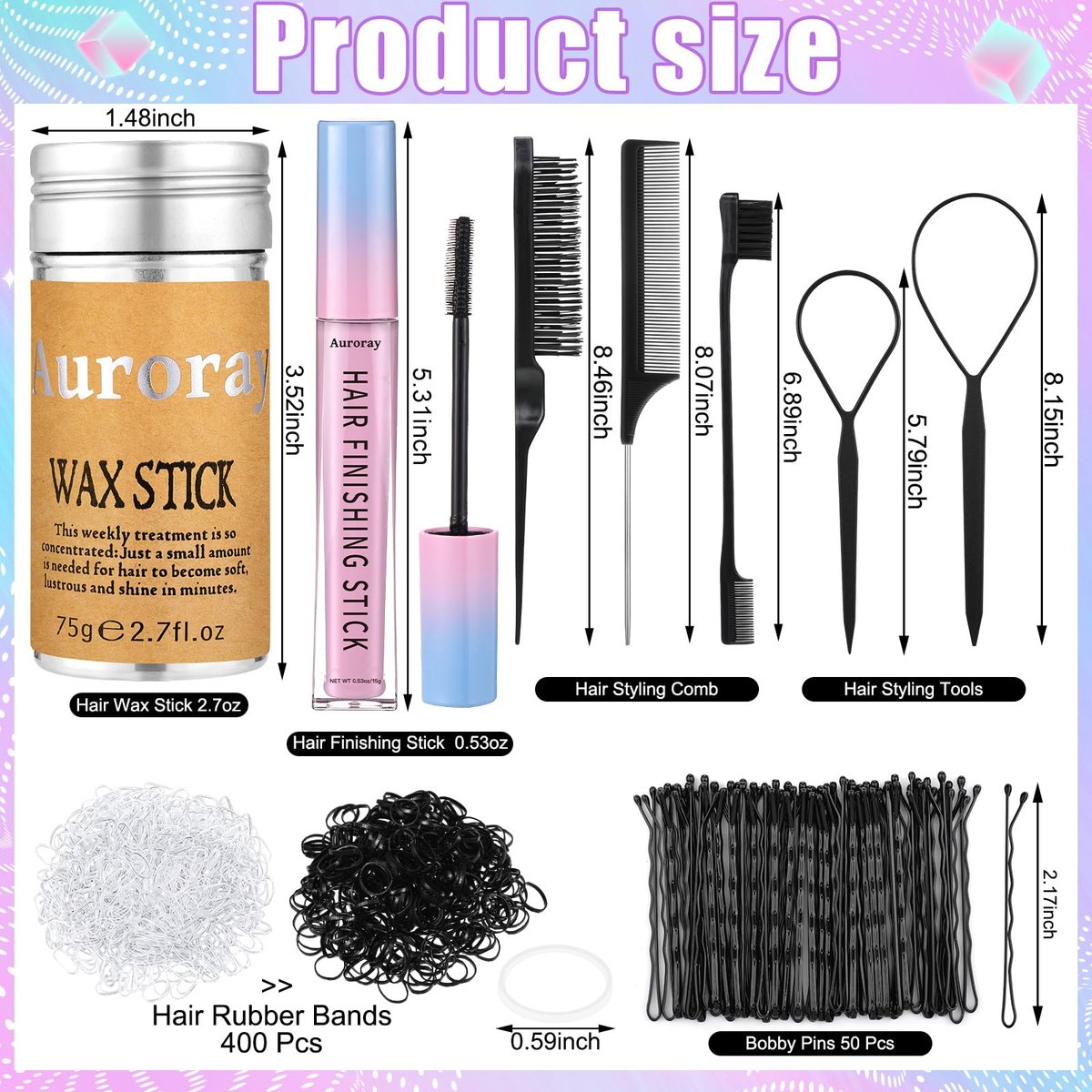 7-Piece Hair Finishing Stick Set with Slick Back Brush, Fly Away Stick, Bobby Pins & Elastic Bands - görsel 9