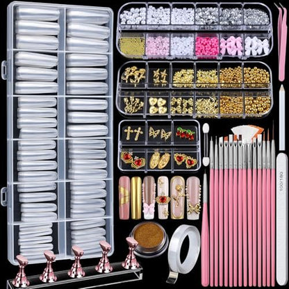 Teenitor 240-Piece Square Nail Tips Set with Nail Charms & Art Brushes – XXL Clear Acrylic Fake Nails for Full Coverage Extensions Avelisse