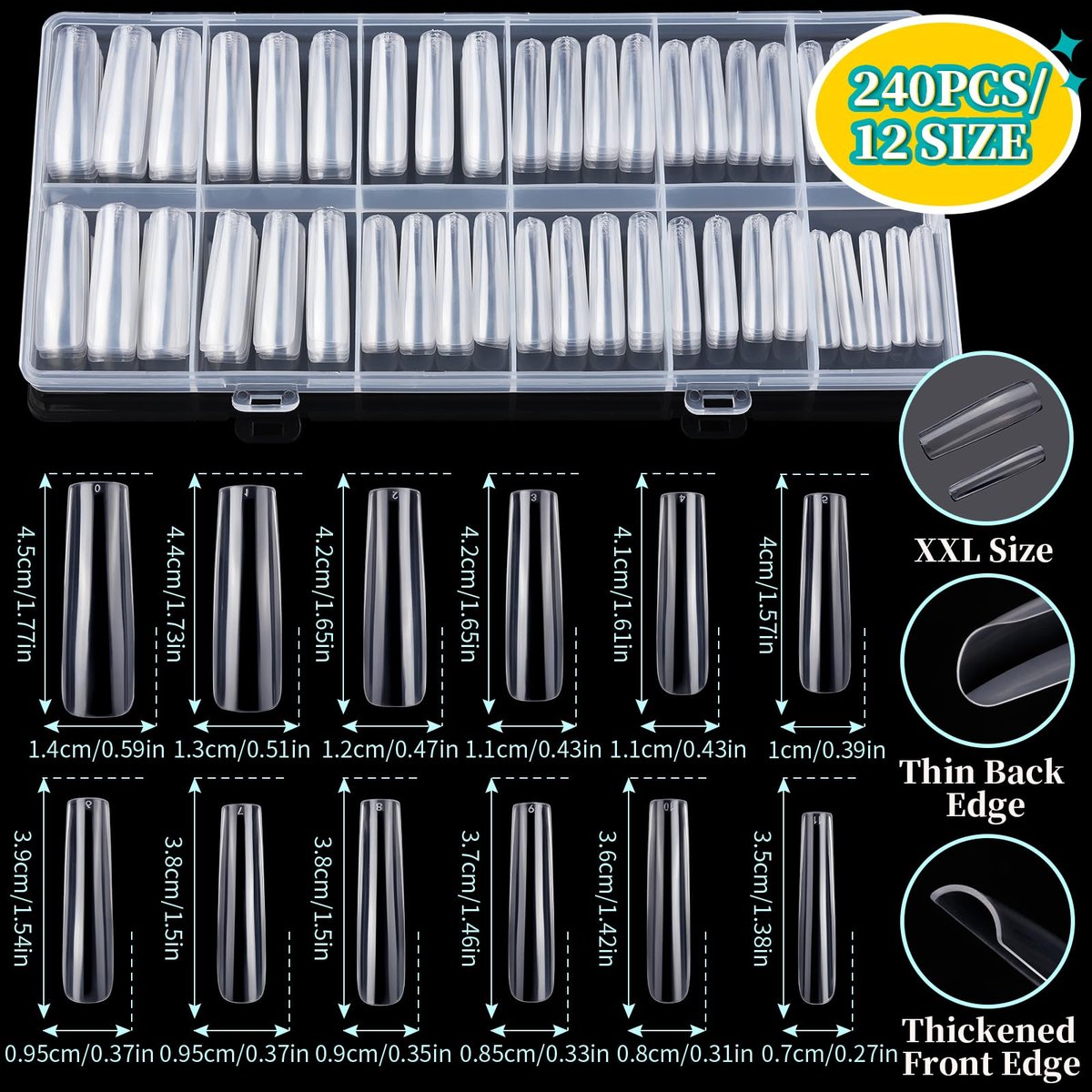 Teenitor 240-Piece Square Nail Tips Set with Nail Charms & Art Brushes – XXL Clear Acrylic Fake Nails for Full Coverage Extensions Avelisse
