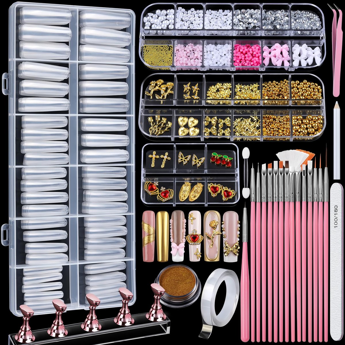 Teenitor 240-Piece Square Nail Tips Set with Nail Charms & Art Brushes – XXL Clear Acrylic Fake Nails for Full Coverage Extensions Avelisse
