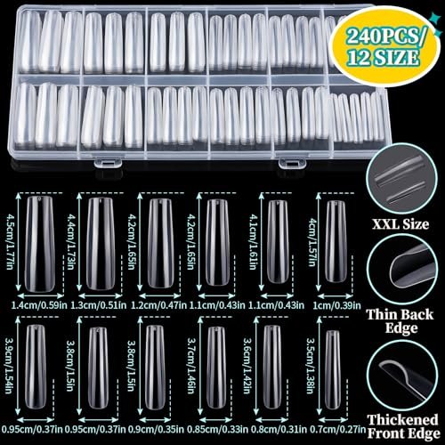 Teenitor 240-Piece Square Nail Tips Set with Nail Charms & Art Brushes – XXL Clear Acrylic Fake Nails for Full Coverage Extensions Avelisse
