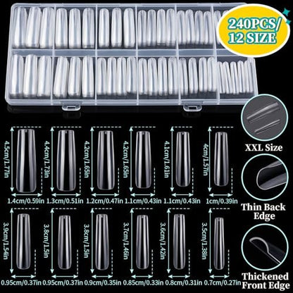 Teenitor 240-Piece Square Nail Tips Set with Nail Charms & Art Brushes – XXL Clear Acrylic Fake Nails for Full Coverage Extensions Avelisse