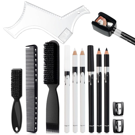 DUAIU 12-Piece Beard Shaper Tool Kit for Men Grooming - White & Black Barber Pencil for Lineup Edging with Sharpener, Hairline Beard Guide Shaping Comb, Clipper Cleaning Brushes & Hair Combs Set