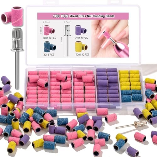 100 Pcs Nail Drill Bits Sanding Bands - Mix 80#120#180#240# Grit for Acrylic Gel Manicures & Pedicure Avelisse