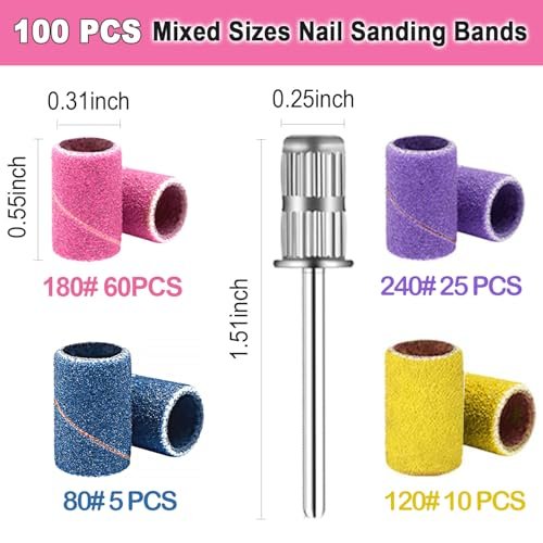 100 Pcs Nail Drill Bits Sanding Bands - Mix 80#120#180#240# Grit for Acrylic Gel Manicures & Pedicure Avelisse