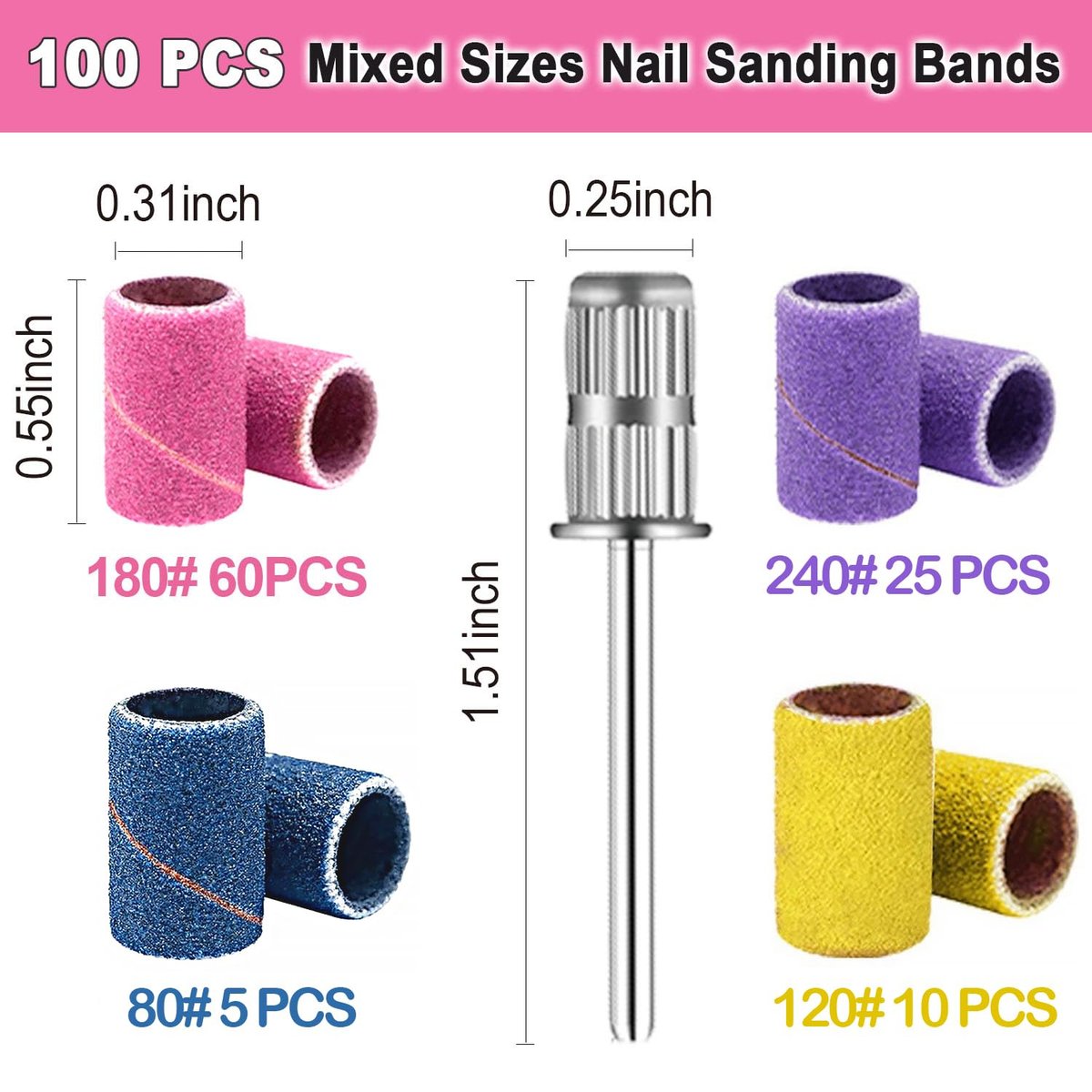 100 Pcs Nail Drill Bits Sanding Bands - Mix 80#120#180#240# Grit for Acrylic Gel Manicures & Pedicure Avelisse