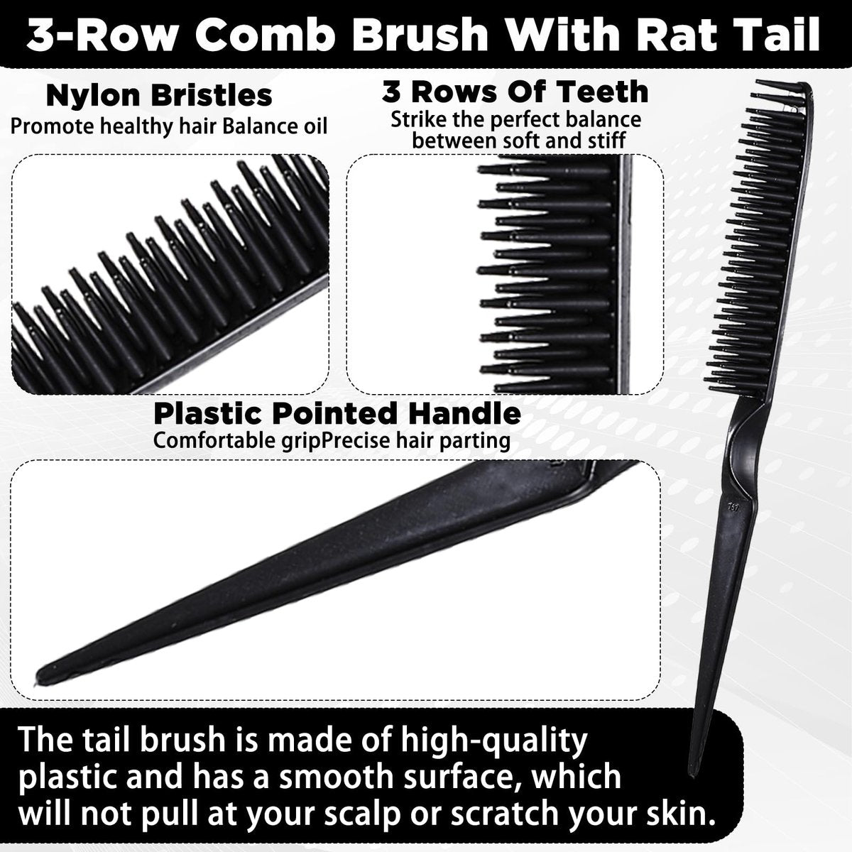 3 Row Hair Comb Set - Rat Tail Styling Comb & Curly Hair Detangling Brush for Women Men (2PCS) - görsel 5
