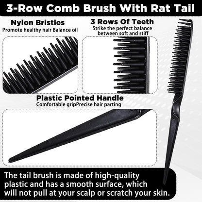 3 Row Hair Comb Set - Rat Tail Styling Comb & Curly Hair Detangling Brush for Women Men (2PCS)