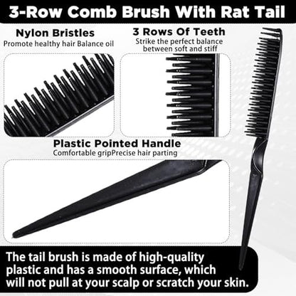 3 Row Hair Comb Set - Rat Tail Styling Comb & Curly Hair Detangling Brush for Women Men (2PCS)