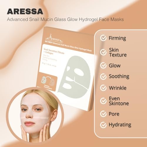 ARESSA SKYBDY Snail Mucin Glass Glow Hydrogel Face Mask - 4 Sheets, Collagen & Peptide Infused, Lifting & Anti-Aging Overnight Firming Hydration, Travel-Friendly - görsel 10