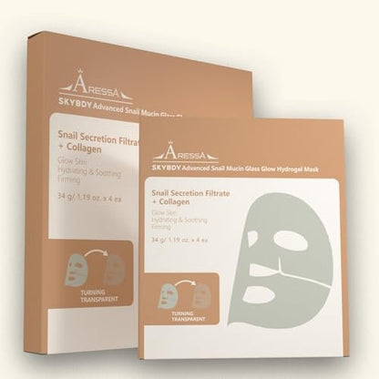 ARESSA SKYBDY Snail Mucin Glass Glow Hydrogel Face Mask - 4 Sheets, Collagen & Peptide Infused, Lifting & Anti-Aging Overnight Firming Hydration, Travel-Friendly