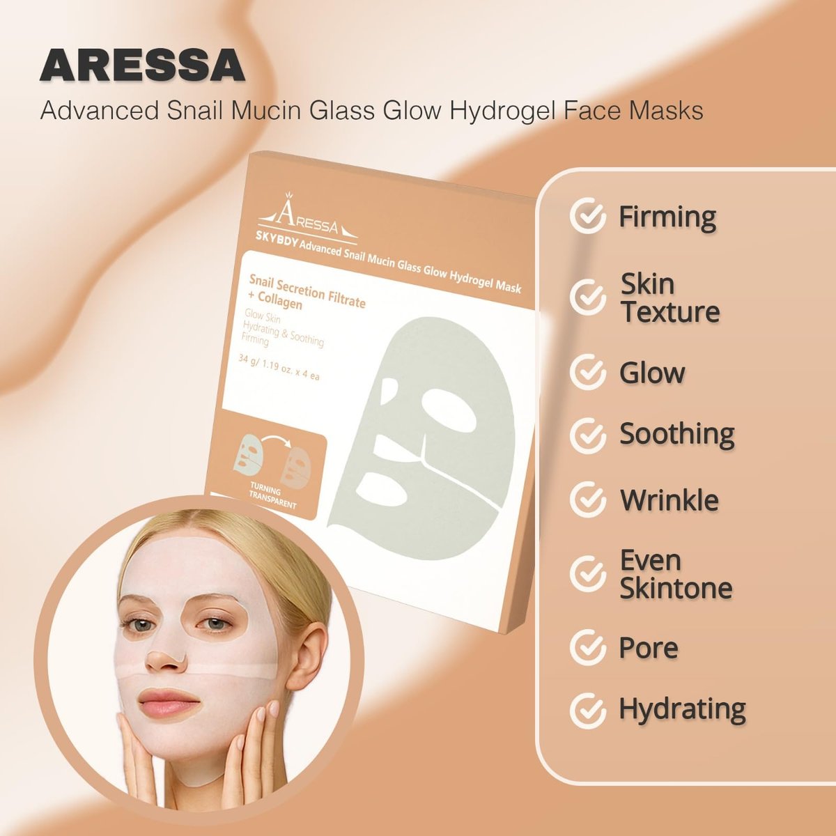 ARESSA SKYBDY Snail Mucin Glass Glow Hydrogel Face Mask - 4 Sheets, Collagen & Peptide Infused, Lifting & Anti-Aging Overnight Firming Hydration, Travel-Friendly - görsel 9