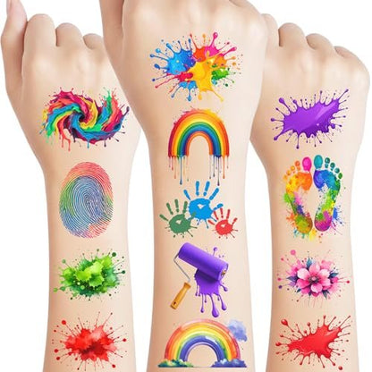 Painting Temporary Tattoos – Colorful Splash Stickers for Painting Birthday Party Favors, Art Themed Supplies & Gifts for Kids, Teens, Adults