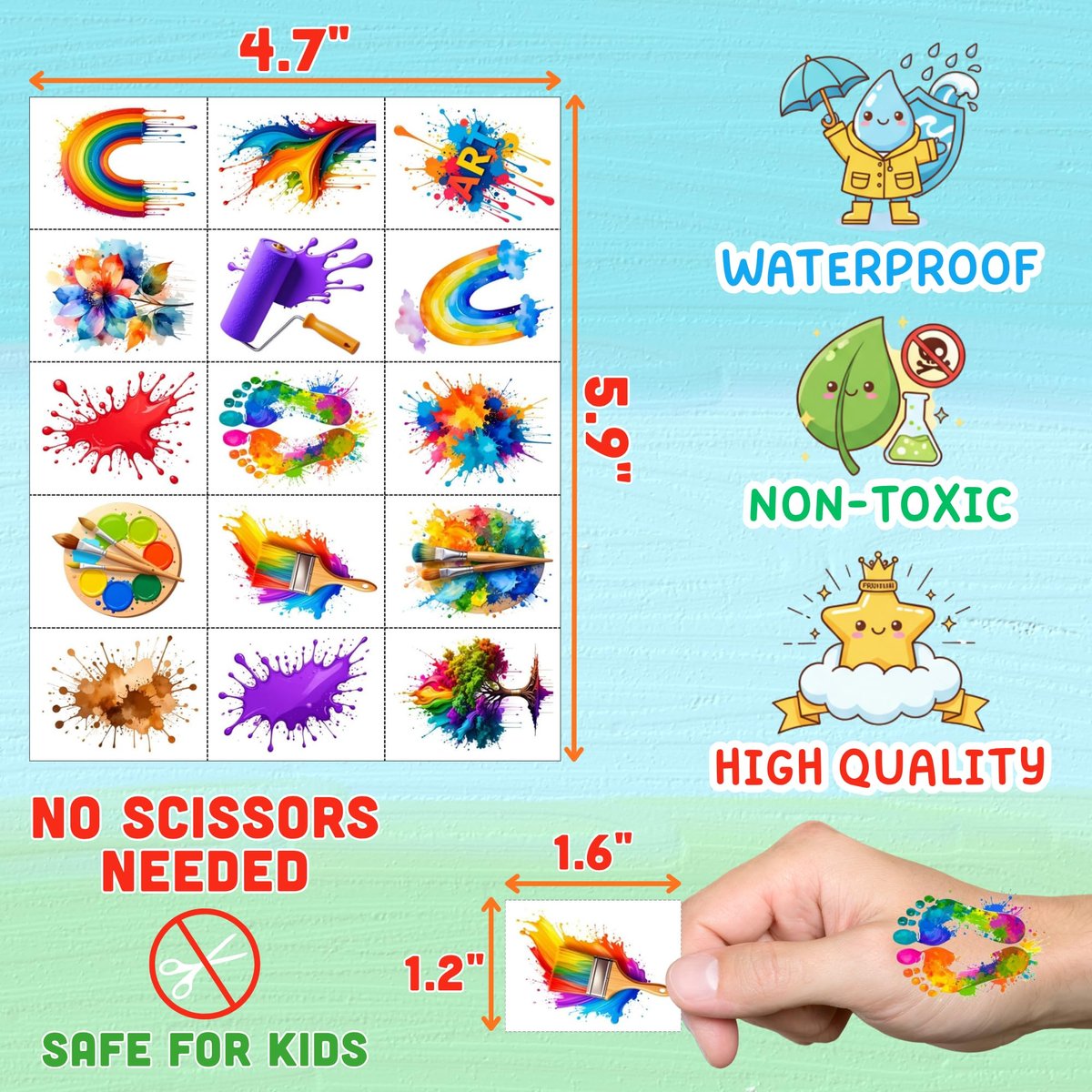 Painting Temporary Tattoos – Colorful Splash Stickers for Painting Birthday Party Favors, Art Themed Supplies & Gifts for Kids, Teens, Adults - görsel 7