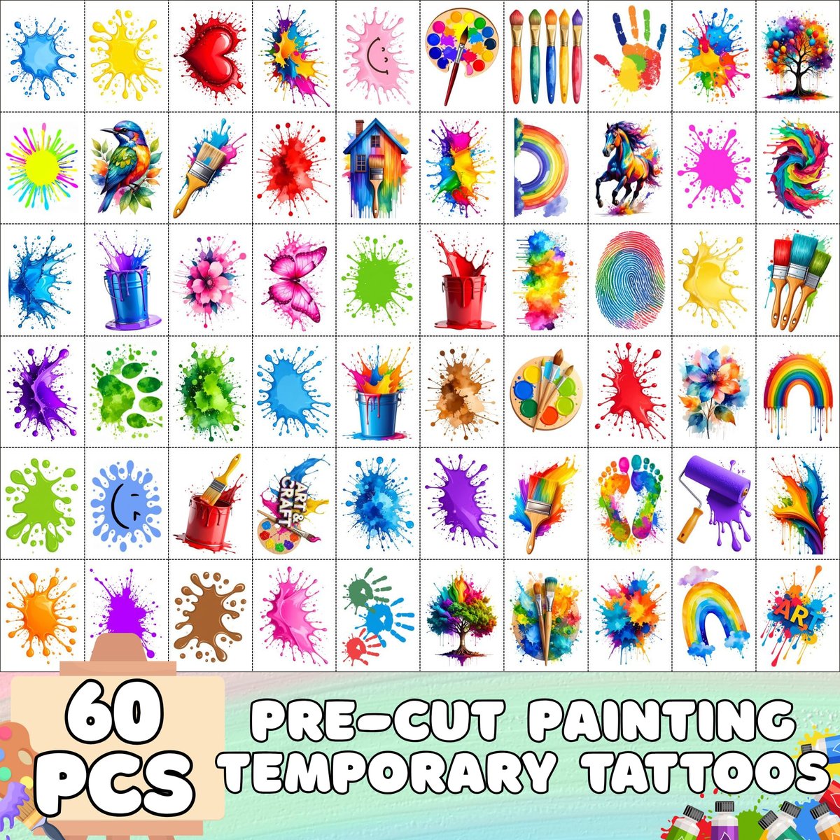 Painting Temporary Tattoos – Colorful Splash Stickers for Painting Birthday Party Favors, Art Themed Supplies & Gifts for Kids, Teens, Adults - görsel 3