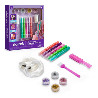 Claire's Hair Chalk & Glitter Styling Kit - 13-Piece Temporary Hair Color Set for Kids Ages 6+ Avelisse