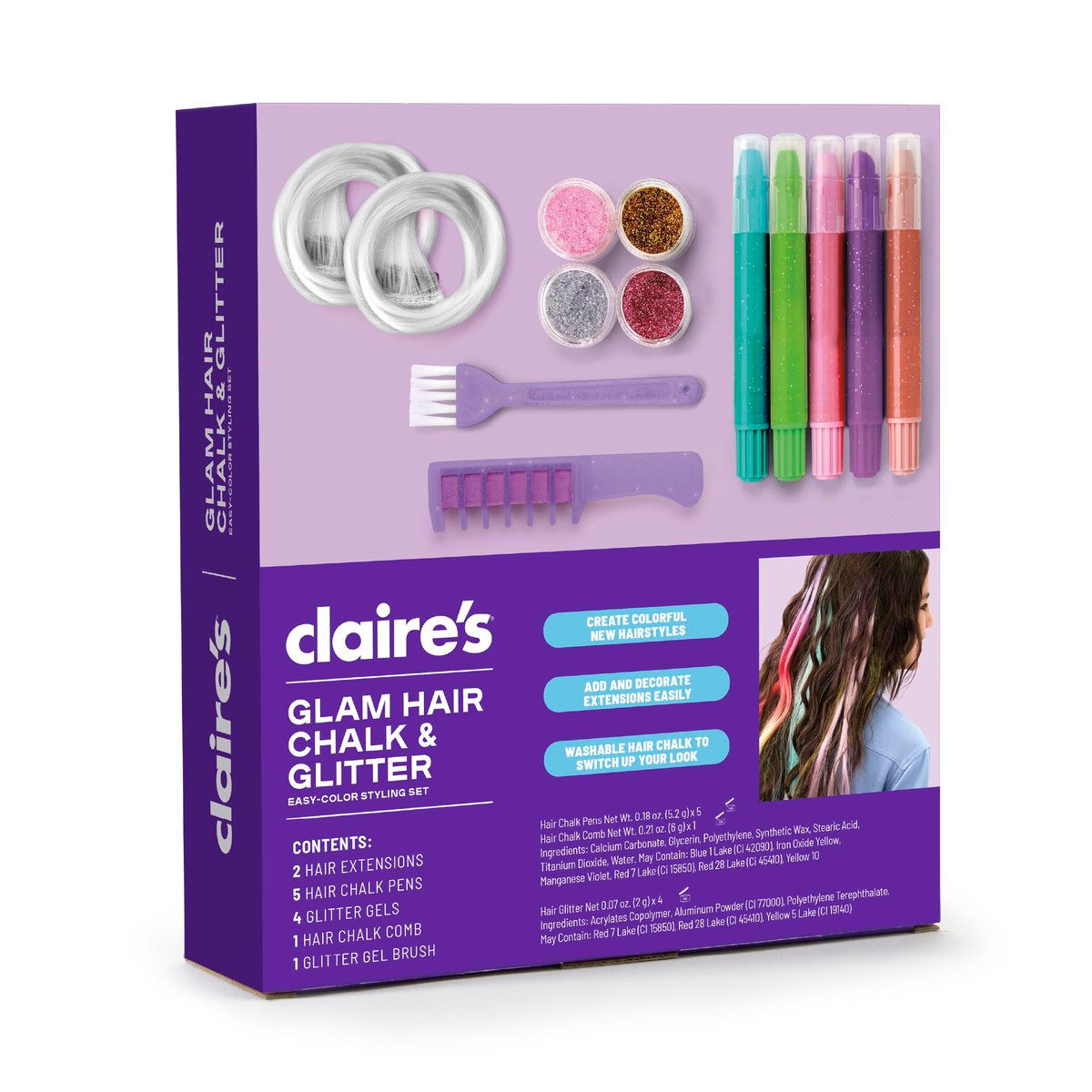 Claire's Hair Chalk & Glitter Styling Kit - 13-Piece Temporary Hair Color Set for Kids Ages 6+ Avelisse