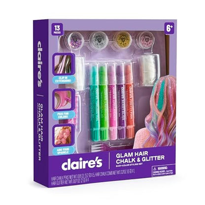 Claire's Hair Chalk & Glitter Styling Kit - 13-Piece Temporary Hair Color Set for Kids Ages 6+ Avelisse