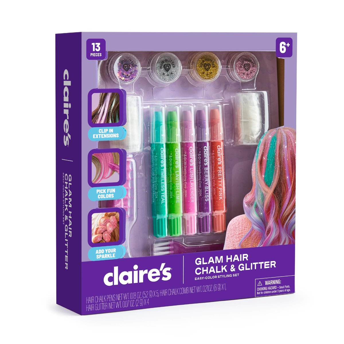 Claire's Hair Chalk & Glitter Styling Kit - 13-Piece Temporary Hair Color Set for Kids Ages 6+ Avelisse
