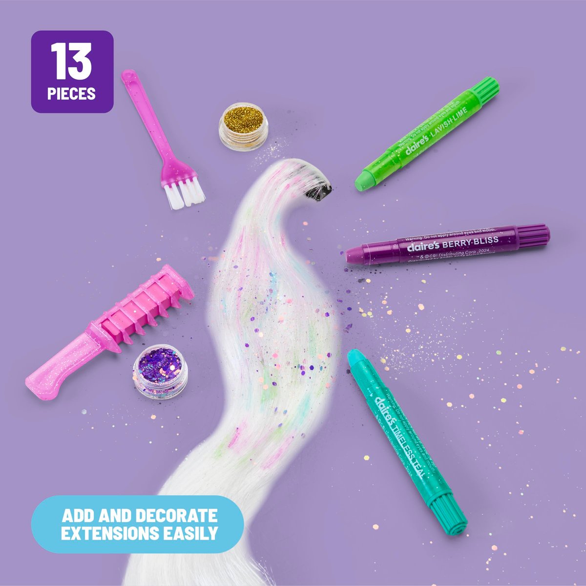 Claire's Hair Chalk & Glitter Styling Kit - 13-Piece Temporary Hair Color Set for Kids Ages 6+ Avelisse