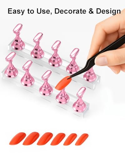HomTop Nail Stand Set for Nail Art Practice & Display - Rose Gold Acrylic Nail Holder Kit with Bonus Tweezers & Double-Sided Tape, False Nail & Press On Nail Practice Stand for Home DIY, Salon Use