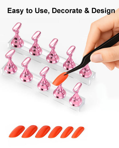 HomTop Nail Stand Set for Nail Art Practice & Display - Rose Gold Acrylic Nail Holder Kit with Bonus Tweezers & Double-Sided Tape, False Nail & Press On Nail Practice Stand for Home DIY, Salon Use
