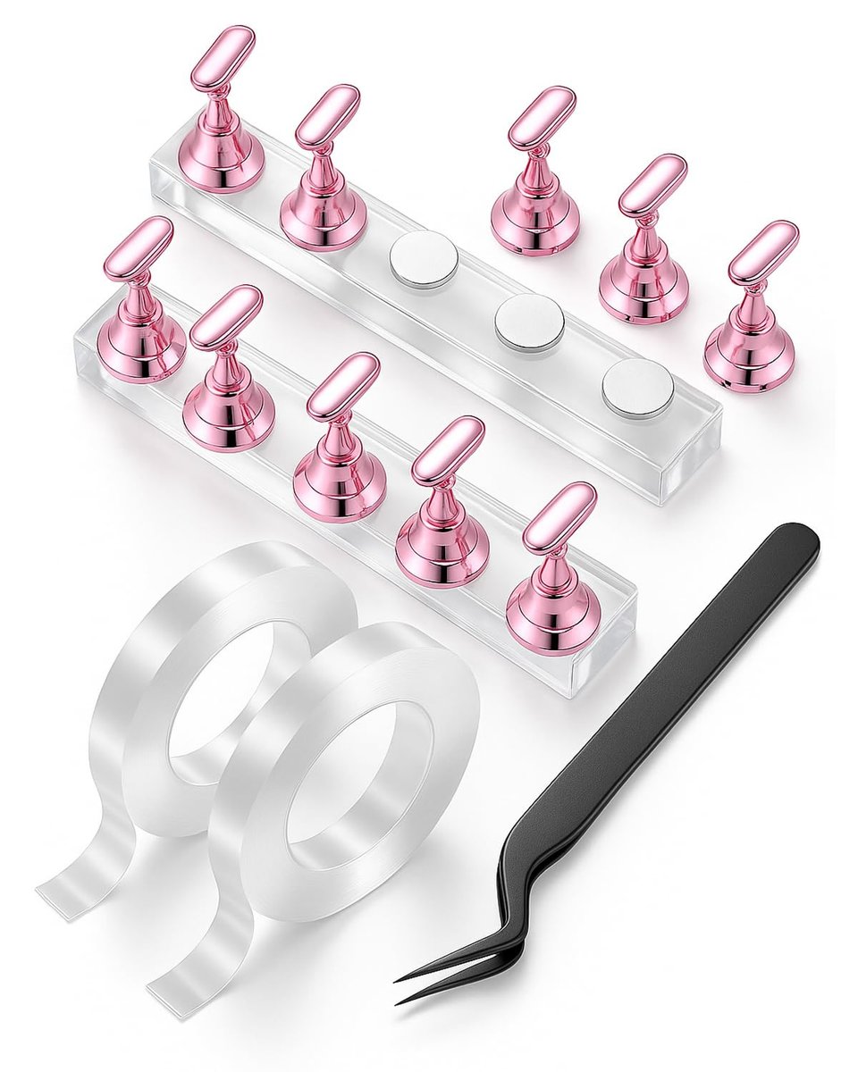HomTop Nail Stand Set for Nail Art Practice & Display - Rose Gold Acrylic Nail Holder Kit with Bonus Tweezers & Double-Sided Tape, False Nail & Press On Nail Practice Stand for Home DIY, Salon Use - görsel 1