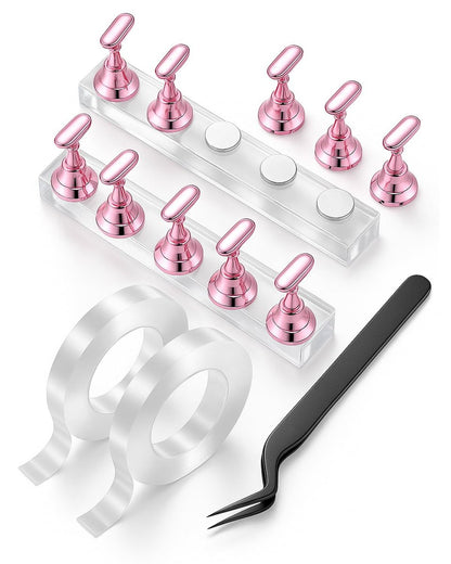 HomTop Nail Stand Set for Nail Art Practice & Display - Rose Gold Acrylic Nail Holder Kit with Bonus Tweezers & Double-Sided Tape, False Nail & Press On Nail Practice Stand for Home DIY, Salon Use