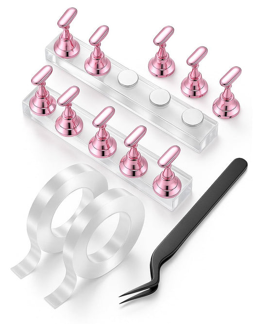 HomTop Nail Stand Set for Nail Art Practice & Display - Rose Gold Acrylic Nail Holder Kit with Bonus Tweezers & Double-Sided Tape, False Nail & Press On Nail Practice Stand for Home DIY, Salon Use