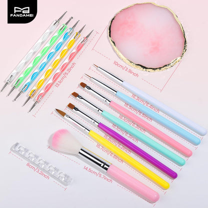 FANDAMEI Nail Art Brushes Kit - 12PCS Professional Nail Tools Set with Dotting Pens, Clean Up Brush & Mixing Palette
