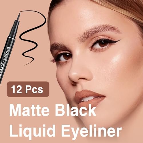 PERVALA 12 Pieces Matte Black Liquid Eyeliner Set - Waterproof, Smudge-Proof, Quick-Dry, Ultra-Fine Tip, Vegan Formula for Sensitive Eyes Avelisse