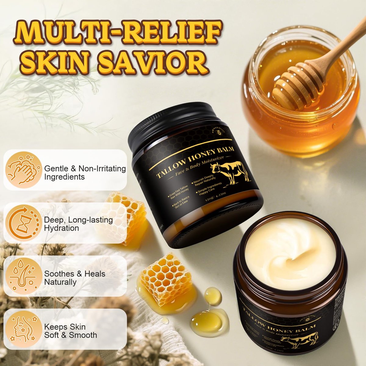 YOURTONE Beef Tallow for Skin with Honey – Grass-Fed Tallow Balm Face Moisturizer for Dry & Sensitive Skin (4.23 oz) - görsel 5