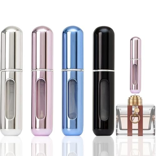 opasyo 4 Pcs Mini Perfume Atomizer Refillable Bottle, 5ml Portable Bottom Fill Scent Dispenser, Leak-Proof Cologne Travel Spray Pump for Purse & Luggage (Silver/Pink/Blue/Black)