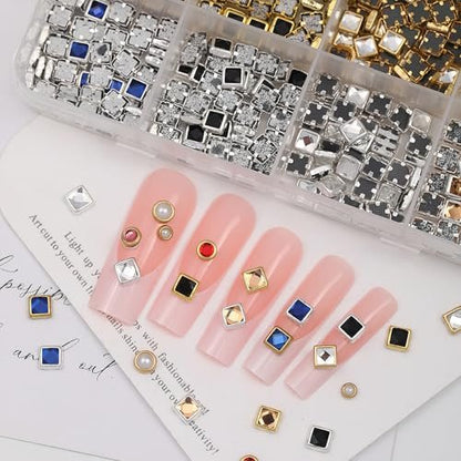ROFIBUT Luxury 3D Nail Charms Rhinestones Metal Jewelry Nail Decoration - Colorful Shiny Diamonds Nail Gems Vintage Pendants for DIY Studs (12 Grids)
