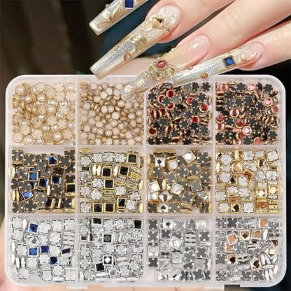 ROFIBUT Luxury 3D Nail Charms Rhinestones Metal Jewelry Nail Decoration - Colorful Shiny Diamonds Nail Gems Vintage Pendants for DIY Studs (12 Grids)