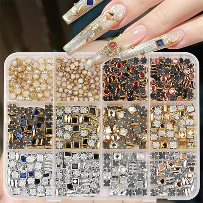 ROFIBUT Luxury 3D Nail Charms Rhinestones Metal Jewelry Nail Decoration - Colorful Shiny Diamonds Nail Gems Vintage Pendants for DIY Studs (12 Grids)